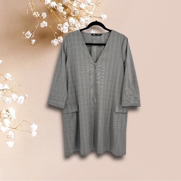 Zara Gray V-neck Zippered Front Shift Dress 3/4 Sleeve size L - Picture 1 of 13